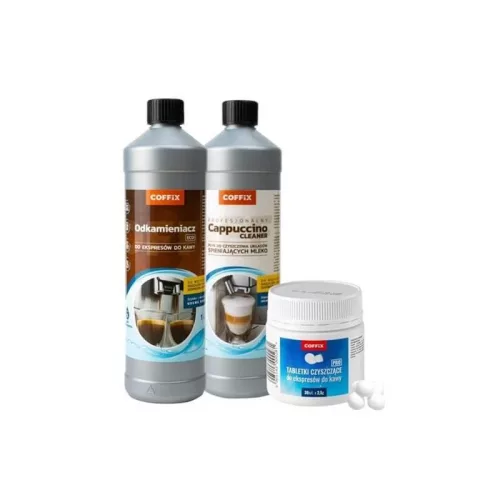 COFFIX kávégép karbantartó készlet - Vízkőoldó-1000 ml + Cappuccino tejrendszer tisztító-1000 ml + Tisztító tabletta-30 db