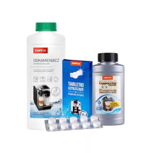COFFIX kávégép karbantartó készlet - Vízkőoldó-500 ml, Cappuccino Tejrendszer tisztító-250 ml, Tisztítótabletta-10 db