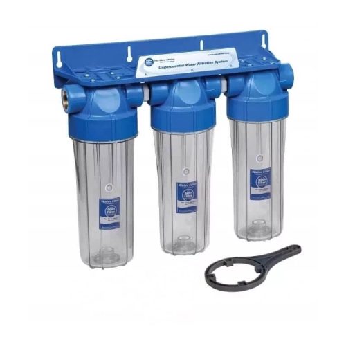 Aquafilter 3 lépcsős 10"-os Szűrőház 1" csatlakozással, átlátszó házzal, dupla "O" gyűrűs - réz menetes