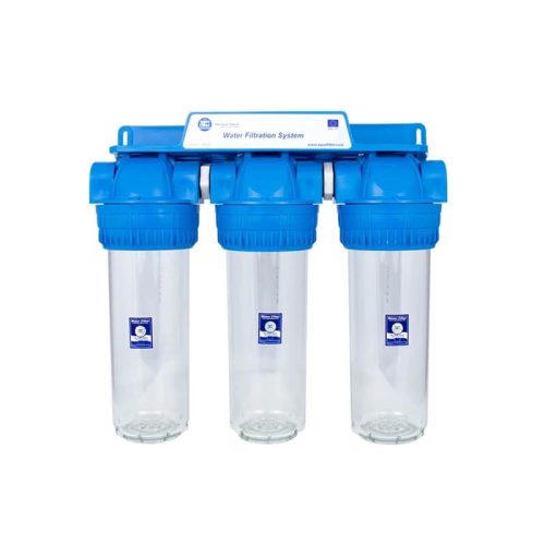 Aquafilter 3 lépcsős 10"-os Szűrőház 1" csatlakozással, átlátszó, 3 részes házzal, dupla "O" gyűrűs - réz menetes