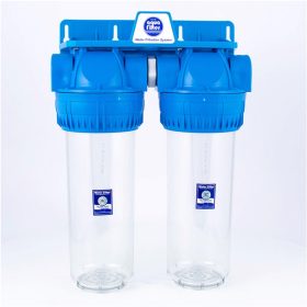   Aquafilter 2 lépcsős 10"-os Szűrőház 1/2" csatlakozással, átlátszó, 3 részes házzal, dupla "O" gyűrűs - réz menetes