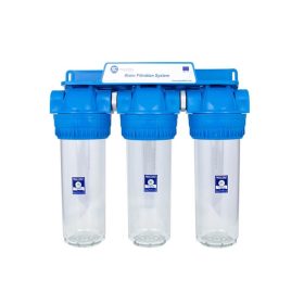   Aquafilter 3 lépcsős 10"-os Szűrőház 1/2" csatlakozással, átlátszó, 3 részes házzal, dupla "O" gyűrűs - réz menetes