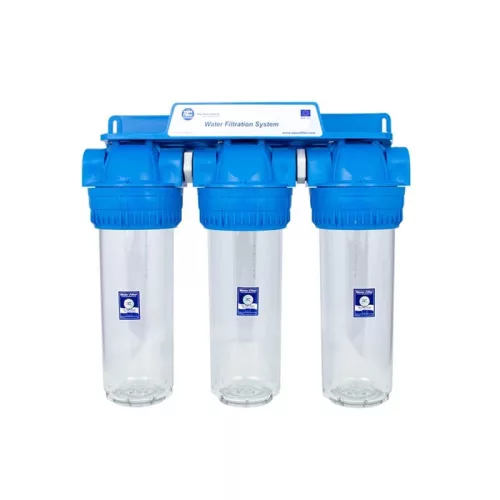 Aquafilter 3 lépcsős 10"-os Szűrőház 1/2" csatlakozással, átlátszó, 3 részes házzal - réz menetes