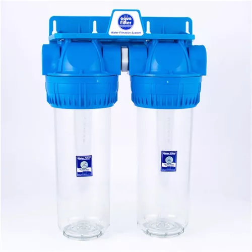 Aquafilter 2 lépcsős 10"-os Szűrőház 3/4" csatlakozással, átlátszó, 3 részes házzal - réz menetes