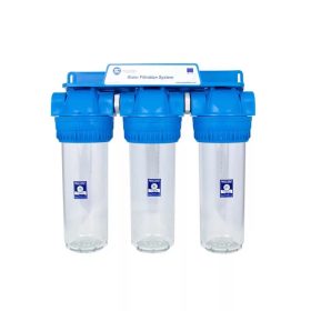   Aquafilter 3 lépcsős 10"-os Szűrőház 3/4" csatlakozással, átlátszó, 3 részes házzal, dupla "O" gyűrűs - réz menetes