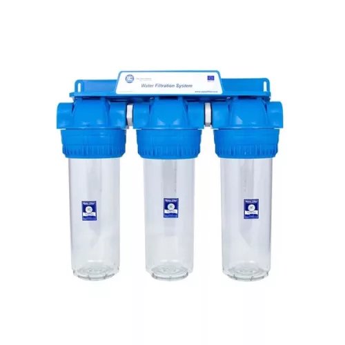 Aquafilter 3 lépcsős 10"-os Szűrőház 3/4" csatlakozással, átlátszó, 3 részes házzal - réz menetes