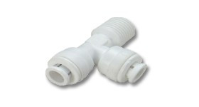 Külsőmenetes "T" elosztó bekötő-idom asszimetrikus 1/4" menet x 1/4" cső x 1/4" cső - Quick