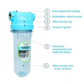   USTM 10"-os Antibakteriális Szűrőház szett 3/4" csatlakozással, átlátszó házzal, BPA mentes, 8 bar nyomás